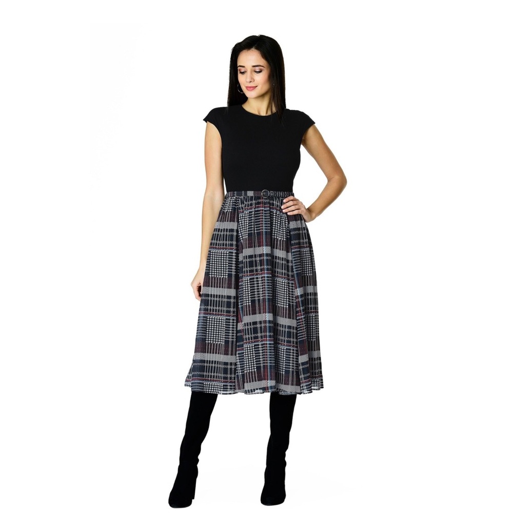 Eshakti Zapelle retro lined plaid black print knit belted midi dress size S